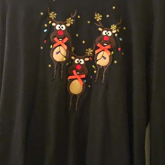 Long sleeve black christmas holiday novelty top three cute reindeer red bows L - Picture 8 of 8